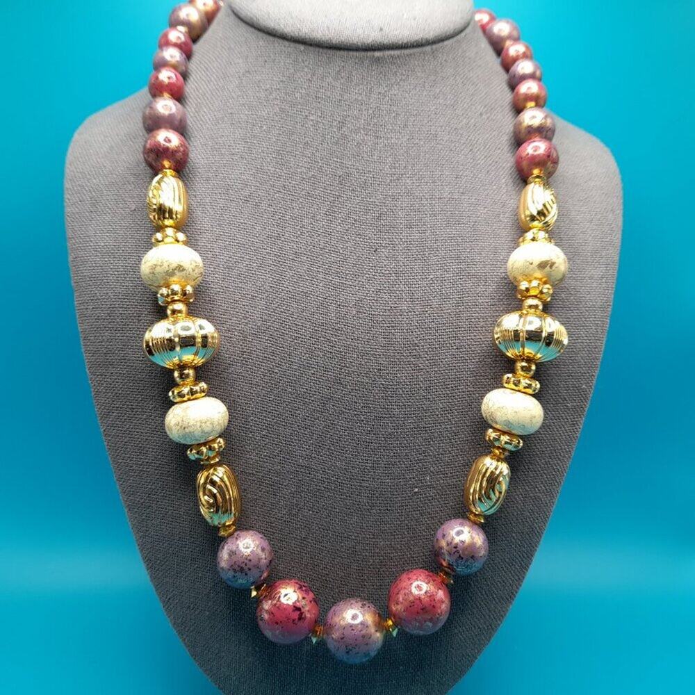 Vintage Chunky Art Beaded Necklace, Gold White Purple Beads, 24 Inches